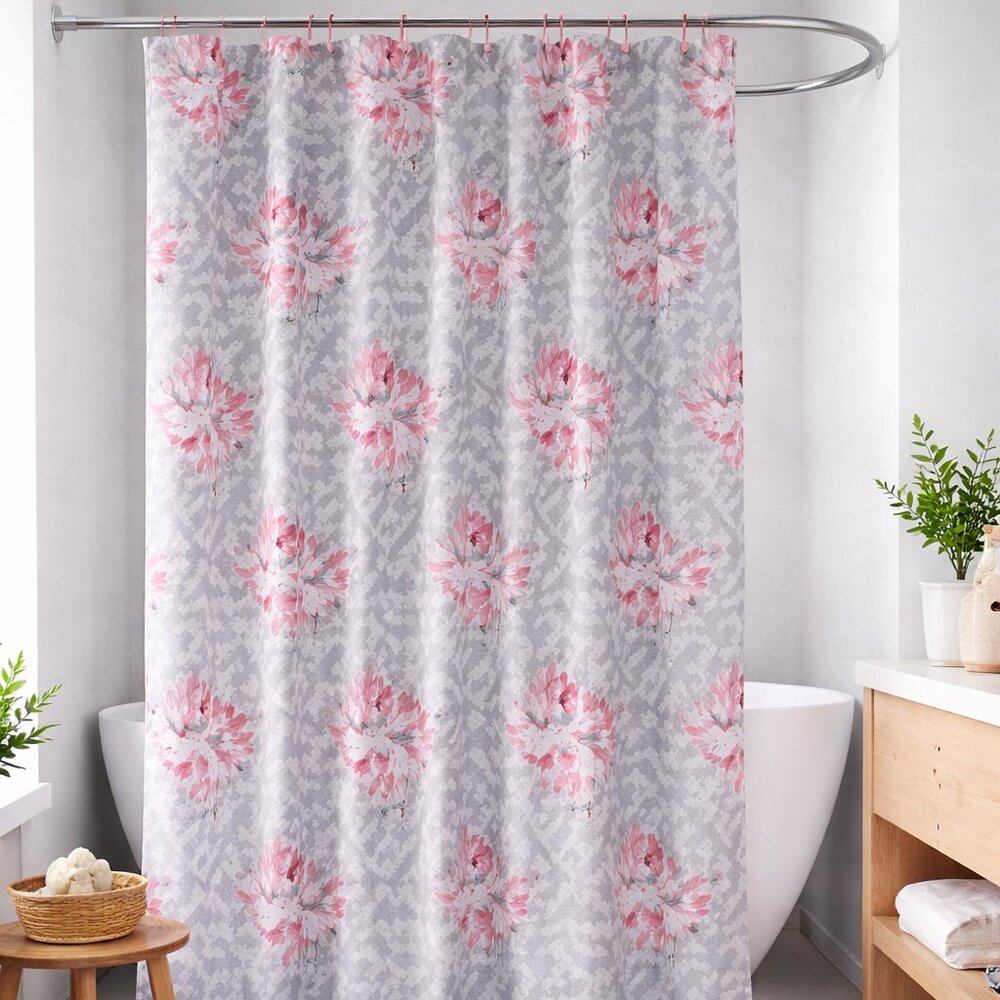 Comfort Bay 13-Piece Shower Curtain Set – Pink Chrysanthemum Floral with 12 Hook